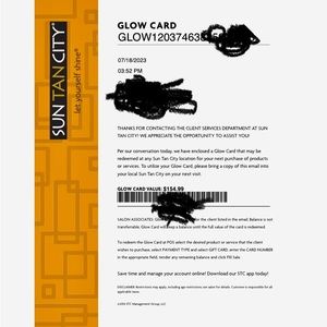 Sun tan city gift card. 154. It was refunded to me and I will never use it.